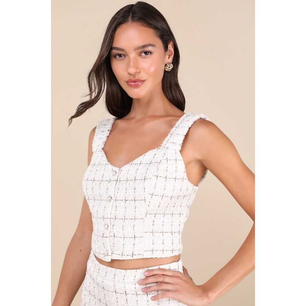Upscale Instinct Ivory and Brown Tweed Button-Front Tank Top